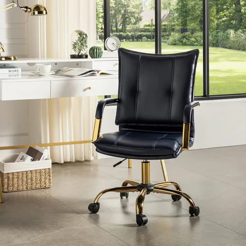 Vista 12 de HULALA HOME Silla de escritorio de piel sintética para oficina en casa, silla giratoria ajustable para computadora con patas y brazos dorados, silla