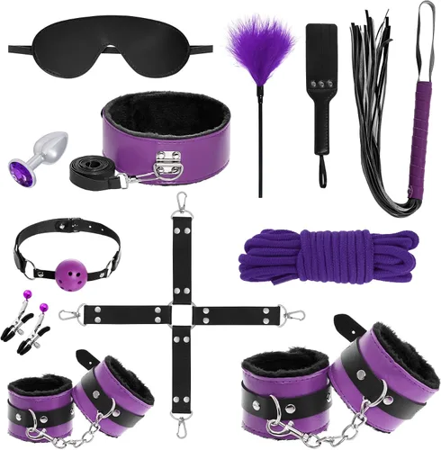 Vista 8 de Rbenxia 12 piezas de kits de restricciones BDSM Bondage para el sexo, esposas de fetiche, esposas de tobillo, collar, venda para los ojos, látigo