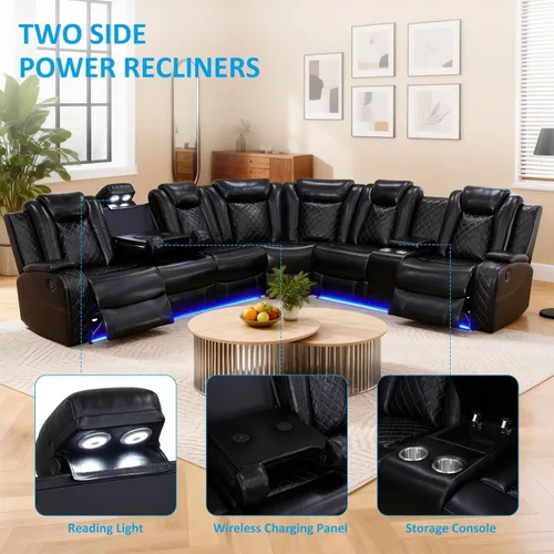 Vista 3 de Sofá modular reclinable eléctrico para sala de estar, moderno juego de sofá modular de cuero en forma de L, juego de sofá reclinable, con luces LED