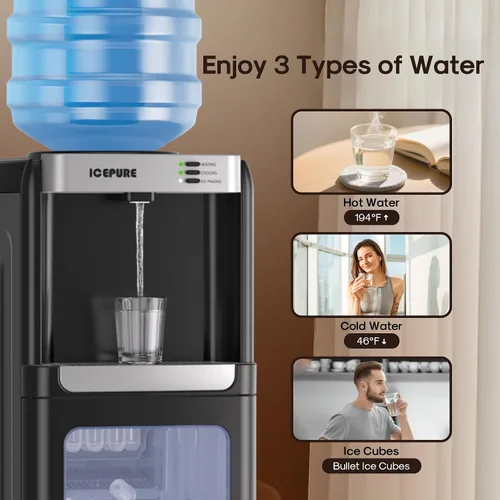 Vista 5 de ICEPURE Dispensador de agua 3 en 1 con máquina de hielo integrada, dispensador de enfriador de agua para carga superior de botella de 5 galones