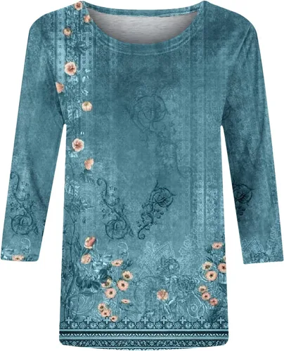 Vista 4 de Camiseta de manga 34 para mujer, a la moda, con estampado de gatos, divertida, con cuello redondo, cómoda, holgada, casual