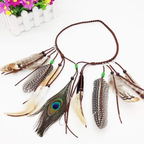 Vista 2 de Diadema ajustable de plumas de pavo real, tocado de tejido bohemio con plumas de arrastre indio con cuentas de borla, marrón, estilo 3