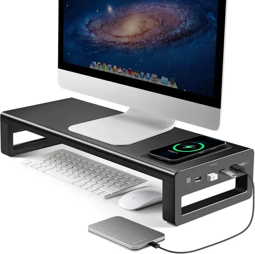 Vista 8 de Vaydeer Soporte de monitor doble, elevador de monitor doble con cargador inalámbrico y 4 puertos USB 3.0 Hub, elevador de escritorio de metal para 2