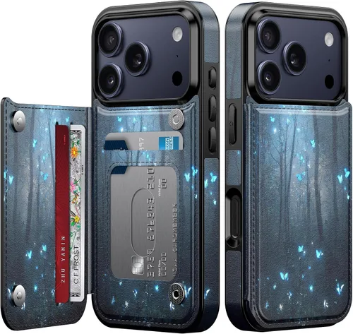 Vista 156 de FUNMIKO Funda tipo cartera para iPhone 15 con tarjetero + clip para efectivo, bloqueo RFID, protección contra caídas de grado militar y obras