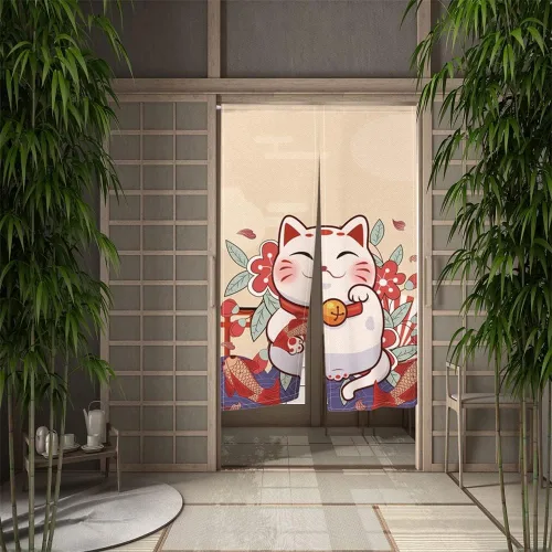 Vista 5 de Lucky Cat Noren - Cortina japonesa Sakura Noren, estilo cortina japonesa para puerta, tapiz de entrada, cortina de puerta de Feng Shui, 33.5 x 59