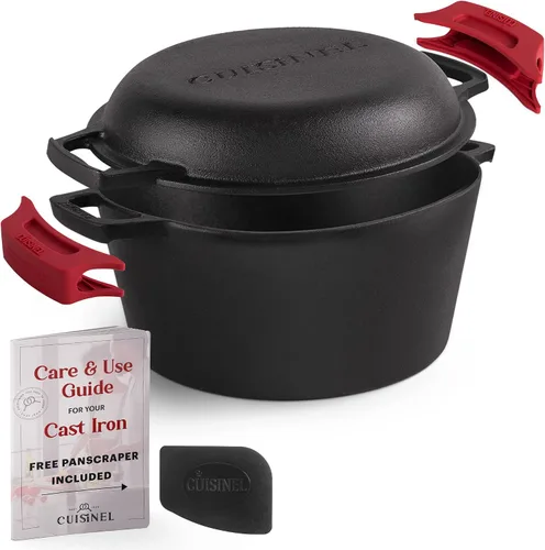 Vista 12 de Cuisinel Horno Holandés de Hierro Fundido - Olla Profunda de 3 Cuartos - Multicocina 2 en 1 Presazonada - Tapa Combinada que Funciona como Sartén