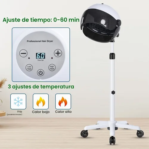 Vista 4 de Secador de pelo con capucha, secador de pelo vertical con capucha sobre ruedas, controles táctiles y tres temperaturas para elegir, secador vertical