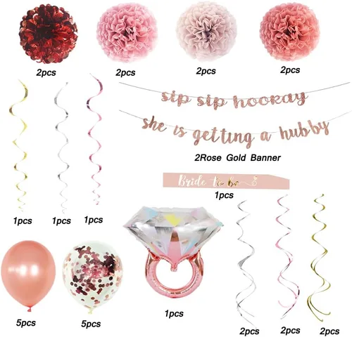 Vista 3 de Decoraciones de despedida de soltera, suministros de despedida de soltera, kit de globos de oro rosa, bandera, remolino, pompones de papel, banda