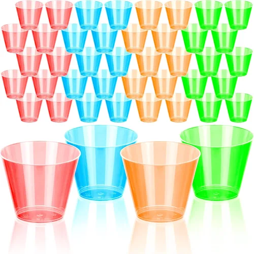 Vista 5 de DecorRack Vasos de chupito de neón de 2 onzas, 120 vasos de chupito de plástico, vasos desechables para fiesta, mini vasos de chupito