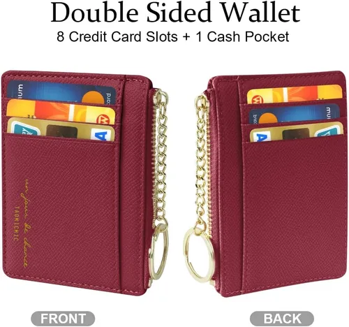 Vista 31 de URAQT Cartera para tarjetas de crédito, cartera minimalista de cuero delgado con cremallera, mini protector de tarjeta de crédito, llavero bolsillo