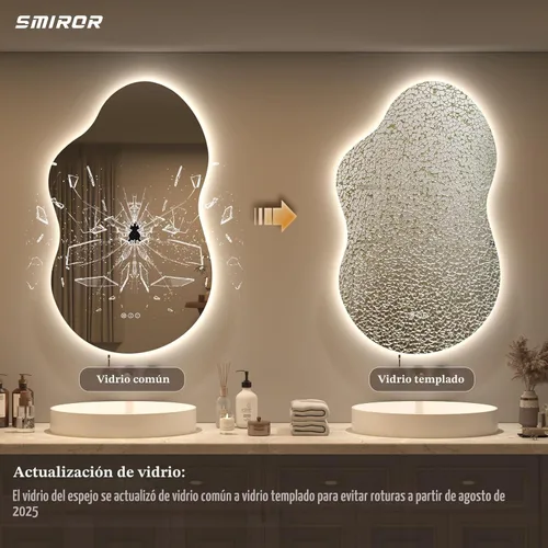 Vista 4 de SMIROR Espejo de Baño Retroiluminado Irregular con Luces 20 x 32, Espejo de Tocador con Luz LED Asimétrica en Forma de Nube para Pared