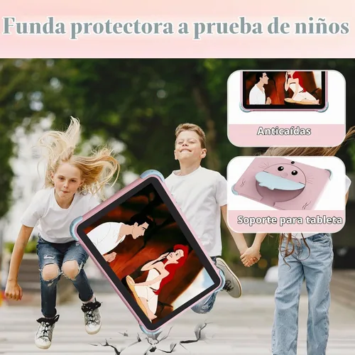 Vista 5 de Tableta para niños de 10 pulgadas, tableta Android para niños con funda, cámaras duales, control parental, aplicaciones preinstaladas, 32 GB Rosa