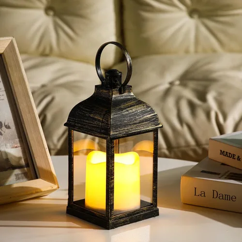 Vista 5 de 8 faroles decorativos de bronce oscuro de 10 pulgadas a granel para centros de mesa de boda, faroles de bronce con vela LED sin llama