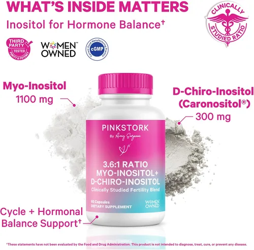 Vista 2 de Pink Stork Myo-inositol y D-Chiro Inositol: Mezcla 3.6:1 para apoyar la fertilidad, el equilibrio hormonal para las mujeres - Suplemento de apoyo