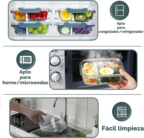 Vista 3 de VERONES - Paquete de 10 recipientes de vidrio para preparación de comidas de 2 compartimentos, 30 onzas, recipientes herméticos de vidrio
