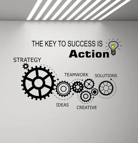 Vista 2 de Teamwork Gears - Calcomanía de vinilo para pared, decoración de espacio de oficina, calcomanías para interiores, mural The Key to Success is Action
