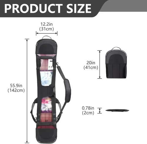 Vista 4 de YR Funda ajustable para snowboard con correas para el hombro, funda de protección de snowboard suave con encuadernación abierta, bolsa de snowboard