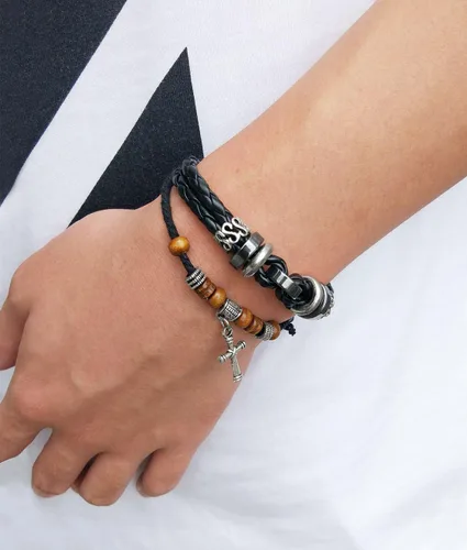 Vista 9 de Suyi brazalete ajustable con varias capas, de cuero tejido trenzado con cruz. Pulsera tipo esclava.