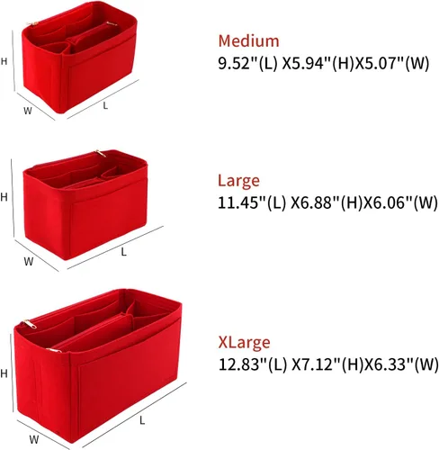 Vista 2 de Organizador de bolsas de fieltro compatible con Speedy, Neverfull, organizador de bolsos de alta calidad con bolsillos con cremallera (M, rojo)