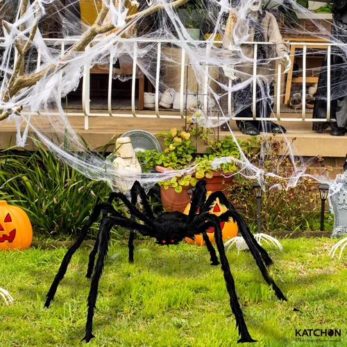 Vista 3 de KatchOn, Araña gigante peluda negra de Halloween, 6.5 pies, araña falsa plegable para decoración de Halloween al aire libre Decoración de verano