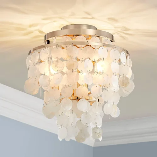 Vista 13 de AGV LIGHTING CL008S Capiz Seashell Lámpara de Techo, Montaje al Ras, D13 x H15, 3 Luces, Marco con Acabado Cromado; Perfecto para Sala de Estar