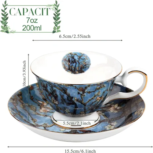 Vista 2 de Juego de 2 Tazas de Té Florales con Platillos, Porcelana de Hueso de 7 oz, Tazas de Té Británicas, Taza de Café de Porcelana para Té de Rosa