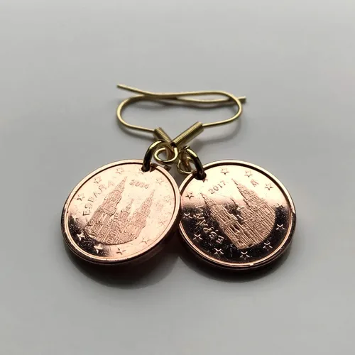 Vista 3 de España Spain 1 Euro Cent coin earrings Santiago de Compostela cathedral apostle Lugo Way of Saint James the Great Catholic church Iglesia Camino