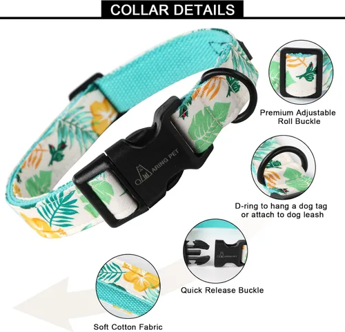Vista 2 de Aring Pet Collar de algodón, ligero y ajustable, con hebilla de liberación rápida, para perros pequeños, medianos y grandes, para cachorros, M, Hoja