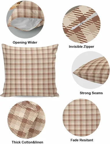 Vista 5 de Paquete de 2 fundas de almohada decorativas de algodón, a cuadros marrones otoñales, 18 x 18 pulgadas, cuadradas, reversibles, suaves, para sofá