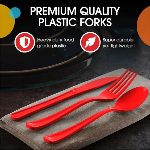 Vista 4 de Party Solids Cuchillos de plástico rojo, 200 piezas, cuchillos rojos, utensilios desechables, juego de cubiertos de plástico resistente