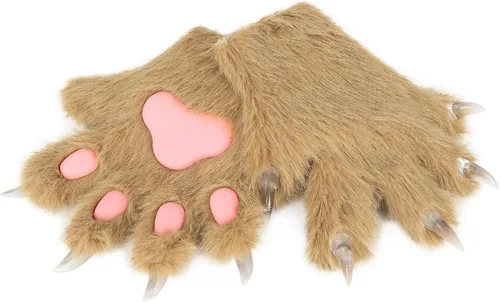 Vista 2 de HAOAN Gato de pelo peludo, lobo, zorro, perro, esponjoso, patas, garras, guantes, manoplas, manos, disfraz de cosplay, Halloween, Navidad para niños