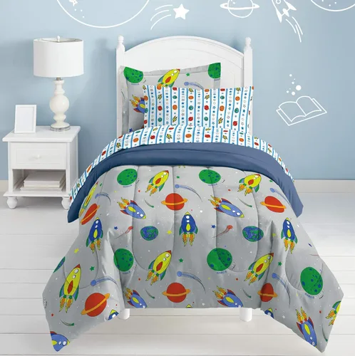 Vista 88 de Dream Factory Dinosaur Blocks - Juego de edredón de microfibra ultrasuave para niños, color azul, tamaño individual Bloques de dinosaurios azules