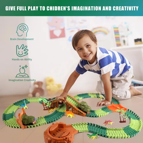 Vista 6 de Jurassic Dinosaur Toys - Carrera de autos de carreras para niños de 4 a 7 años, dinosaurio World Road Race – Juego de pista de tren flexible con 2