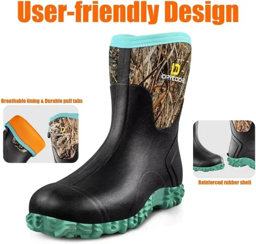Vista 3 de D DRYCODE Rubber Boots for Women, 5mm Neoprene Mid Calf Rain Boots with Steel Shank, Waterproof Insulated Hunting Boots, Mud Work Boots, Black