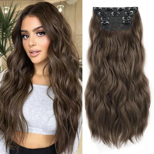 Vista 21 de 4 piezas de extensiones de cabello rizado con clip, color dorado oscuro, mezcla de rubio beige, sintético de 20 pulgadas de largo, extensiones