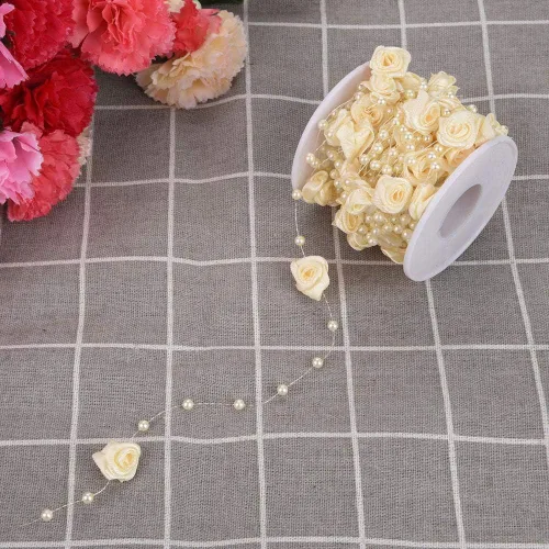 Vista 2 de 32.8 ft/roll Rose Artificial Pearl Wire Beads Garland String Wedding Pearl Bead Garland Cuerda Decoración (Beige)