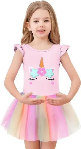 Vista 2 de EQSJIU Leotardos de ballet de unicornio con tutú para niñas pequeñas, vestido de falda de tul de algodón para bailar