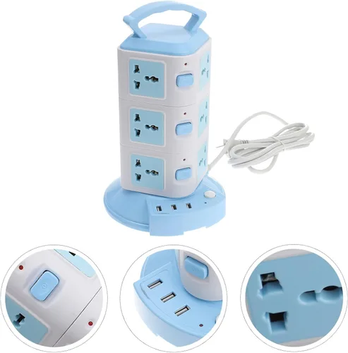 Vista 4 de Sewroro Regleta de alimentación USB con tomas verticales, control individual para cada sección de enchufe, cable de extensión azul, adecuado