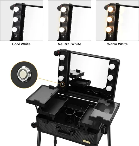 Vista 5 de Maletín de aluminio para maquillaje con luces LED, organizador profesional de cosméticos con altavoz, ruedas y soportes, estación de tocador