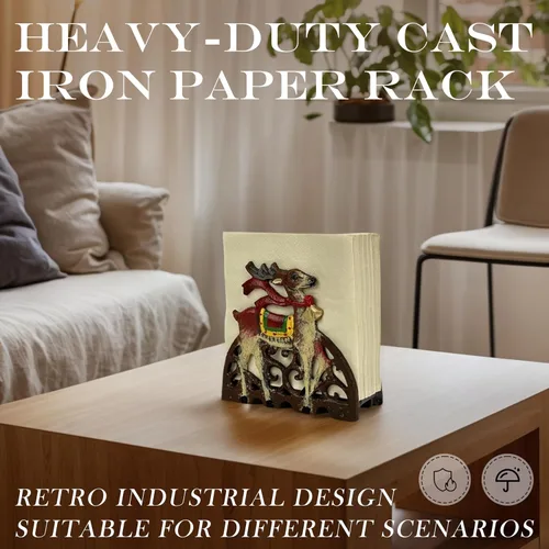 Vista 5 de Portaservilletas navideño de hierro fundido - Dispensador de papel tisú industrial retro para mesa, diseño festivo de ciervos, soporte duradero