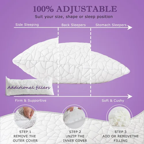 Vista 3 de Juego de 2 almohadas refrescantes de espuma viscoelástica triturada, tamaño Queen, funda extraíble de rayón de bambú + espuma de gel extra, 100%