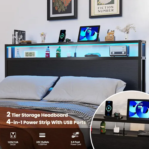 Vista 5 de Full Size Bed Frame with Headboard Built-in Charging Station & Led Lights