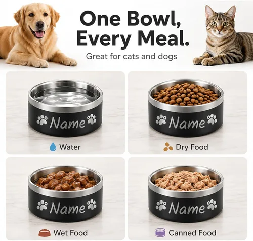 Vista 6 de Custom Dog Bowl Personalized Dog Bowls with Name Stainless Steel Non-Slip Negro