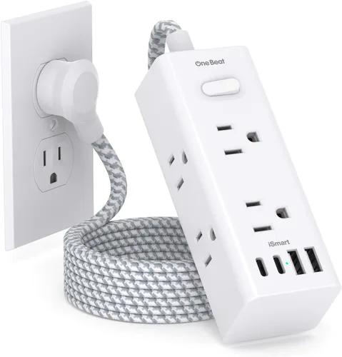 Vista 17 de One Beat Cable de extensión corto de 1 pie, regleta de alimentación de enchufe plano, protector de sobretensiones – 6 salidas amplias con 4 puertos