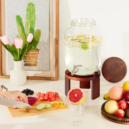 Vista 8 de Dispensador de 1 galón para bebidas en fiestas, dispensador de bebidas de vidrio con soporte, dispensador de agua con espiga de acero inoxidable