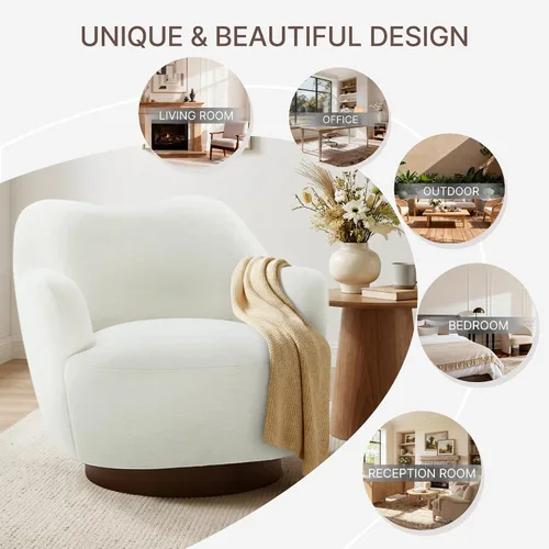 Vista 6 de Silla giratoria decorativa, silla tapizada de barril con diseño de respaldo de camello curvas, moderna silla con brazo con base de madera para sala