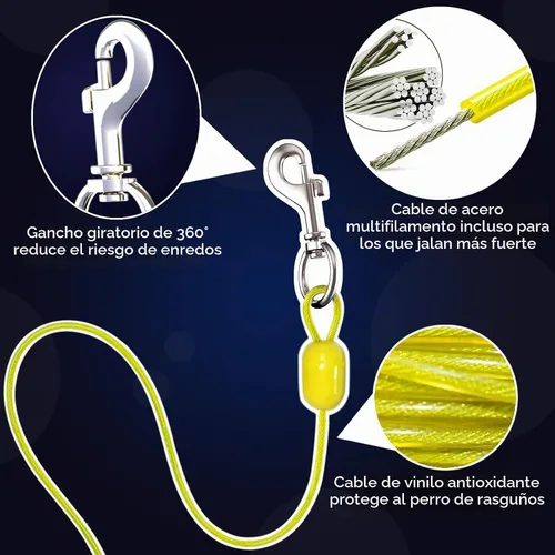 Vista 6 de Cable y estaca de amarre para perros de 30 pies, anclaje de acero en espiral pesado de 360° sin enredos y correa retráctil para perros pequeños a