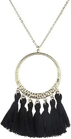 Vista 3 de KAZANA Conjunto de 5 piezas de joyería de moda larga borla collar de mujer círculo redondo dorado Boho Vintage declaración flecos collar bohemio