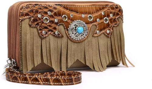 Vista 2 de Cowgirl Trendy Estilo occidental Fringe Classic Concho Studded Mujer Cartera Cartera de embrague, Beige Bronceado