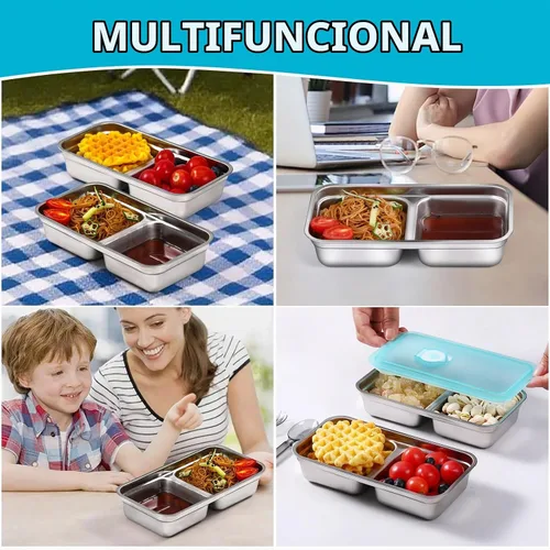 Vista 7 de Recipientes de Acero Inoxidable para Snacks con Tapas, Paquete de 2 Loncheras Reutilizables Grab and Go de 2 Compartimentos para Viajes y Campamento